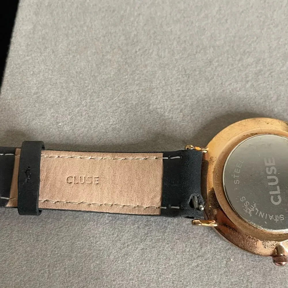 Cluse Minuit Womens Black Rose Gold Tone Leather Strap Watch